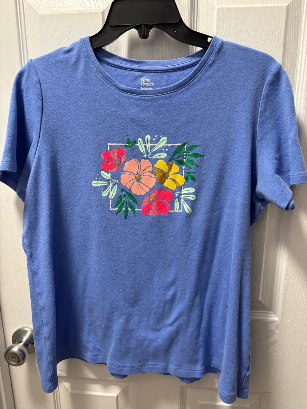 Kim Rogers Blue Short-Sleeve Tee with Multicolor Floral Patch
